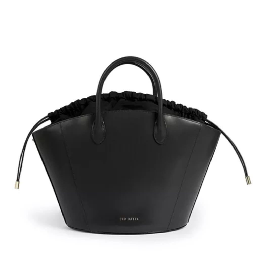 Ted Baker Saffet Large Leather Bucket Bag Tote with Drawstring Closure (Black)